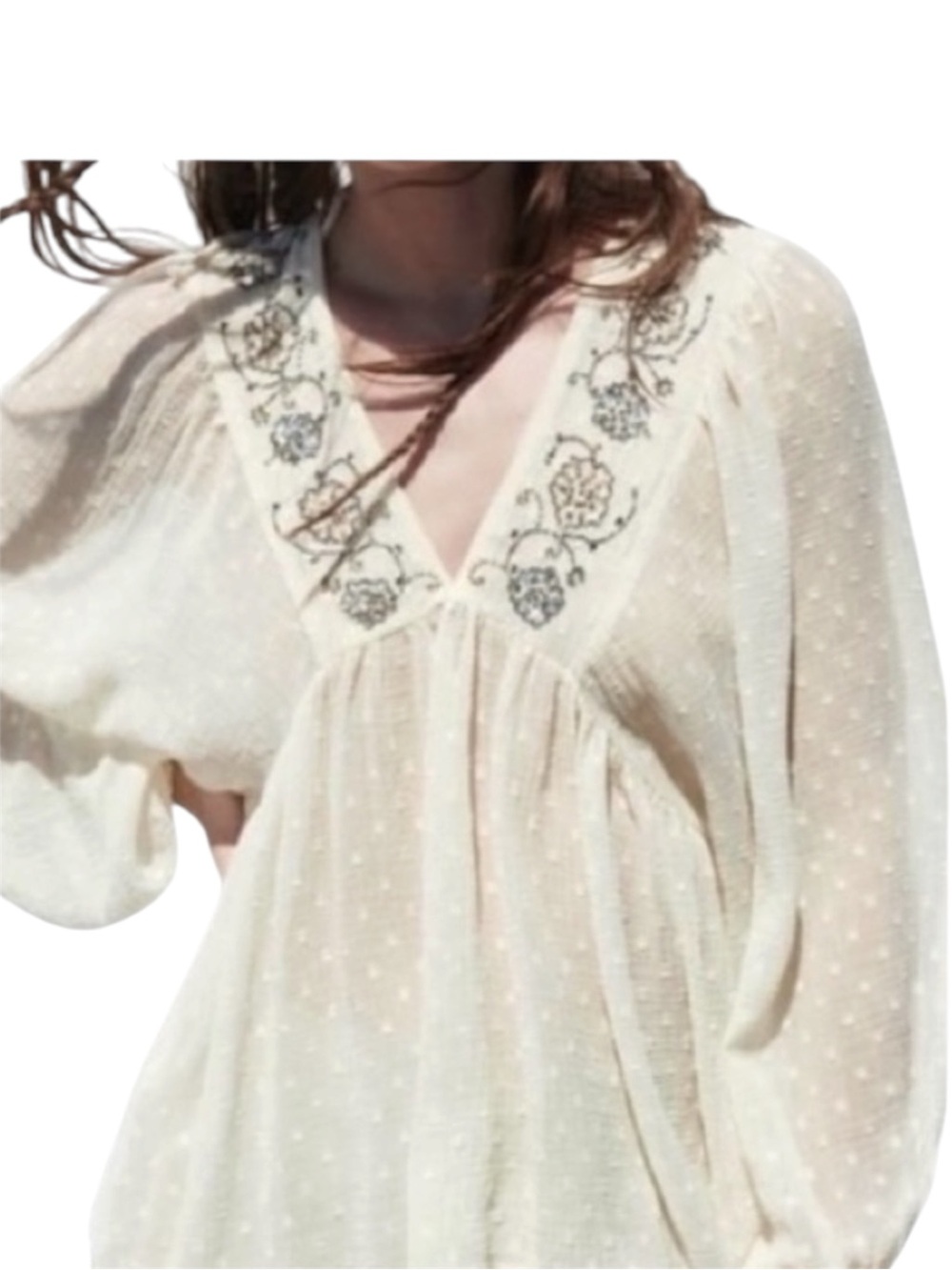 ZARA Cream Ecru Embroidered Blouse Boho Cottagecore Western Indie Romantic XS